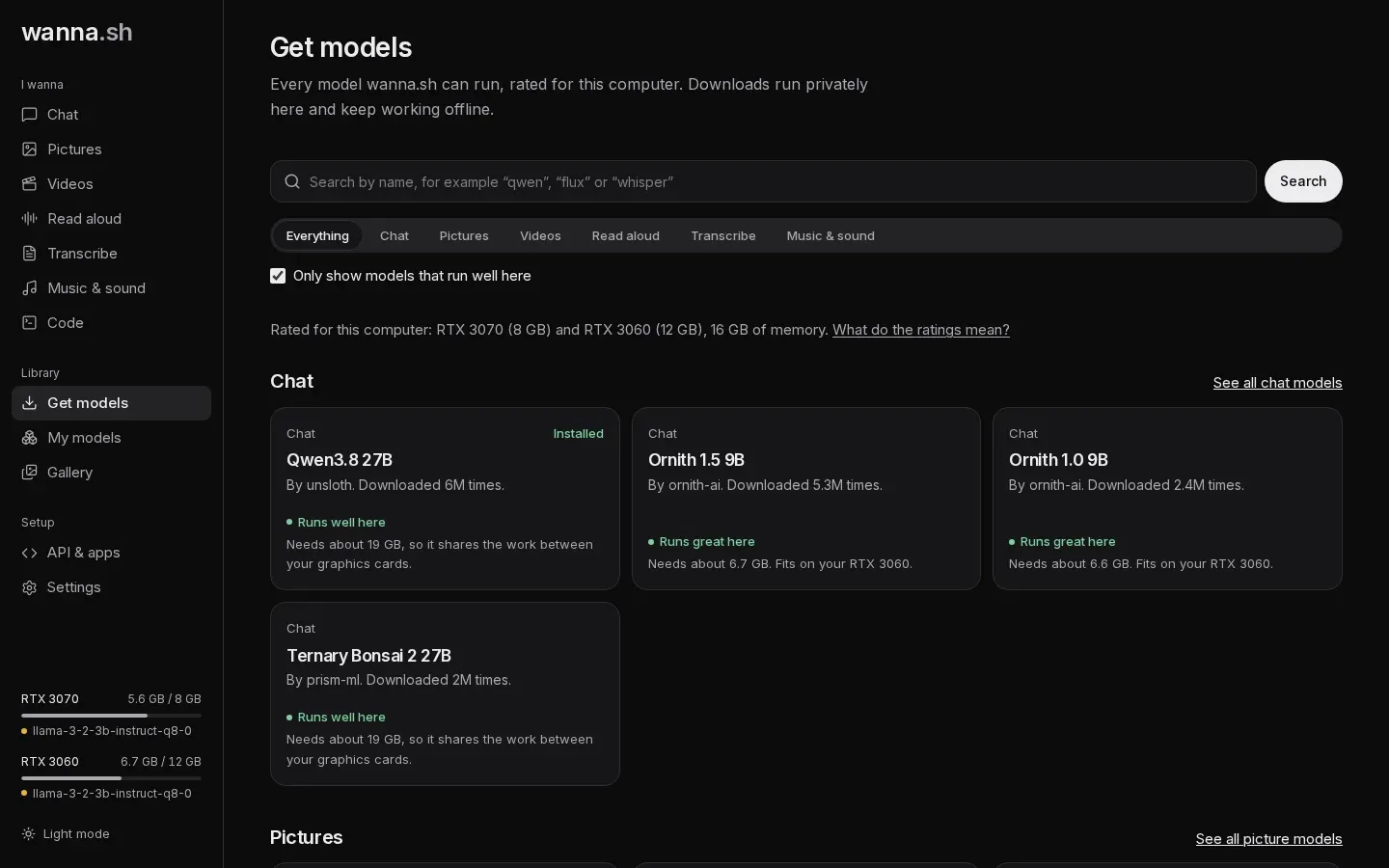 Get models: each model shows how well it runs on this computer, like Runs great here or Runs well here.